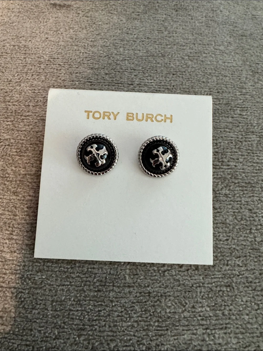 Tory Burch Black and Silver Round Logo Stud Earrings